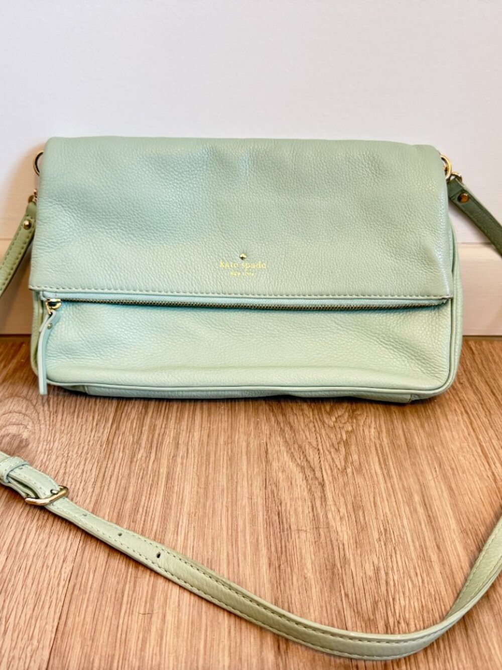 Kate Spade Cobble Hill Foldover Crossbody Mint Green Pebbled Leather